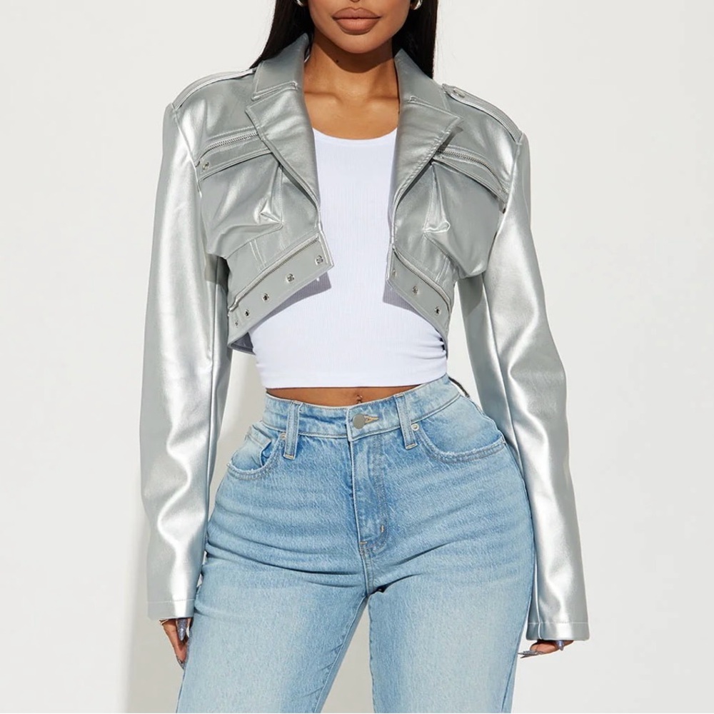 Fashion Nova Metallic Silver Cropped Faux Leather Jacket